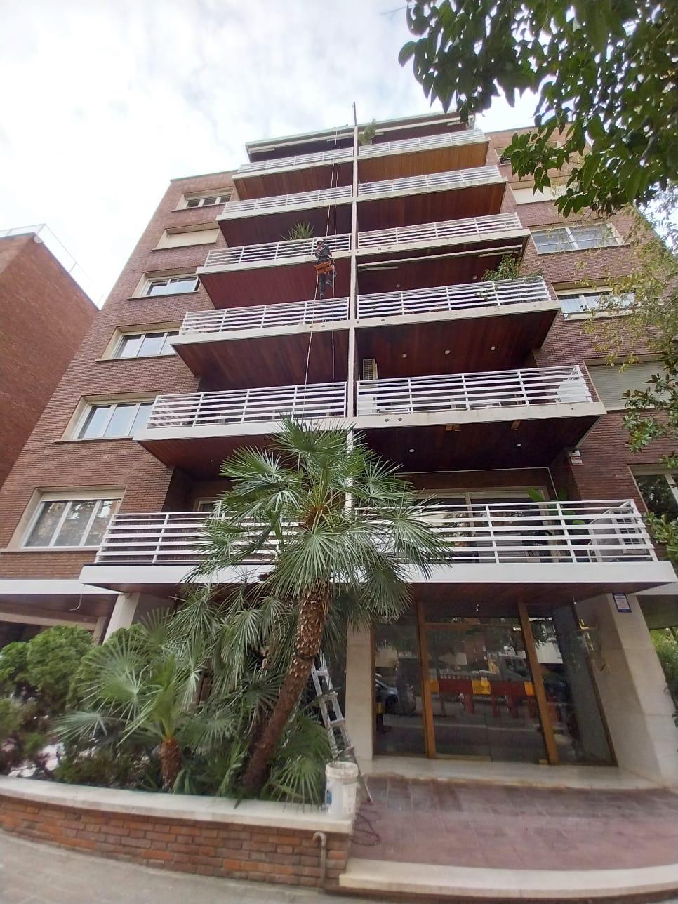 Edificio de viviendas con palmera en la entrada y cuerda de acceso en la fachada